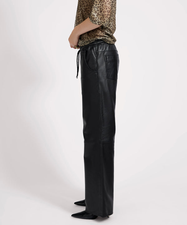 One Teaspoon Roadhouse Mid Waist Wide Leg Drawstring Leather Pants - Black
