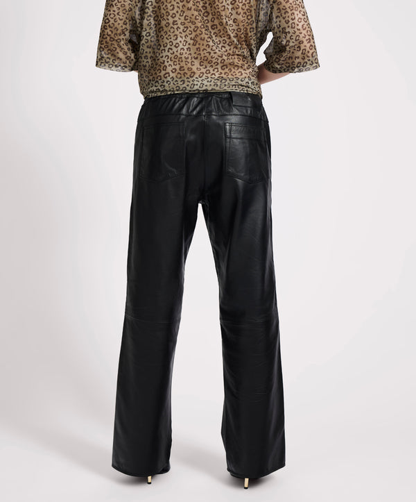 One Teaspoon Roadhouse Mid Waist Wide Leg Drawstring Leather Pants - Black