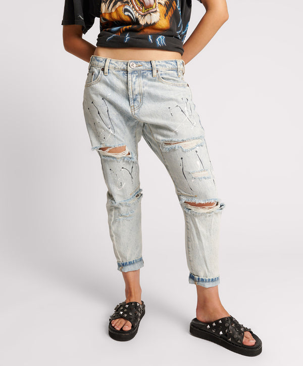One Teaspoon Saints Low Waist Boyfriend Denim Jeans - Florence Painted