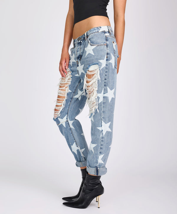 One Teaspoon Saints Low Waist Boyfriend Denim Jeans - Starwash Blue