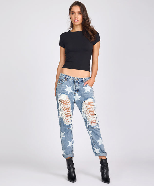 one teaspoon Saints Low Waist Boyfriend Denim Jeans - Starwash Blue