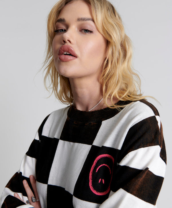 One Teaspoon Scoreboard Smiley Knit Sweater - Black White