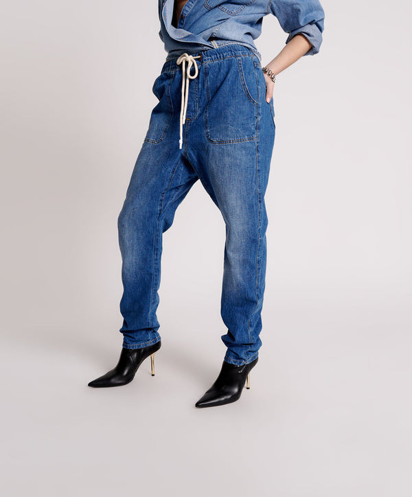 One Teaspoon Shabbies High Waist Drawstring Boyfriend Denim Jeans - Resort Blue