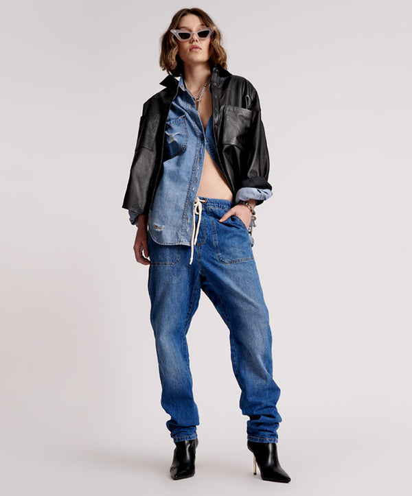 one teaspoon Shabbies High Waist Drawstring Boyfriend Denim Jeans - Resort Blue