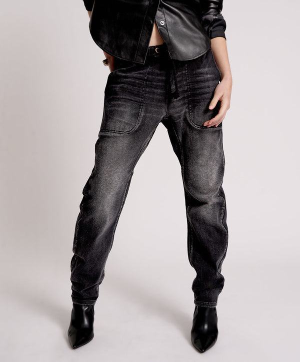 One Teaspoon Shabbies Low Waist Drawstring Boyfriend Denim Jeans - Faded Black