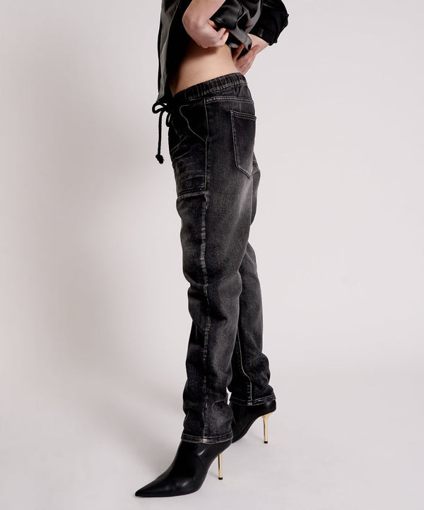 One Teaspoon Shabbies Low Waist Drawstring Boyfriend Denim Jeans - Faded Black