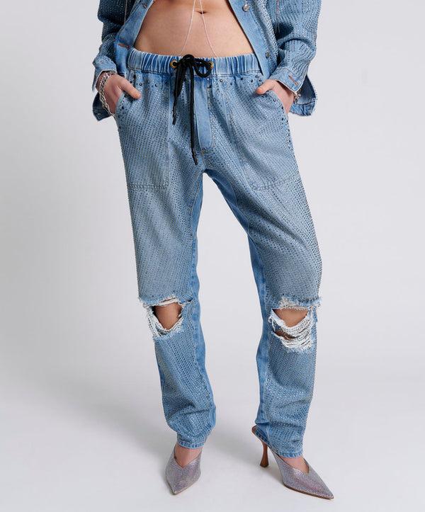 One Teaspoon Shabbies Low Waist Drawstring Boyfriend Denim Jeans - Vintage Blue