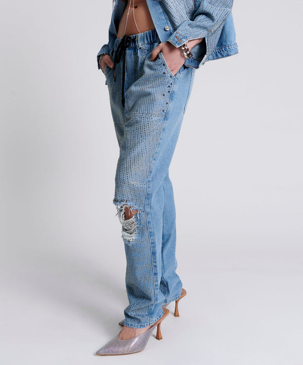 One Teaspoon Shabbies Low Waist Drawstring Boyfriend Denim Jeans - Vintage Blue