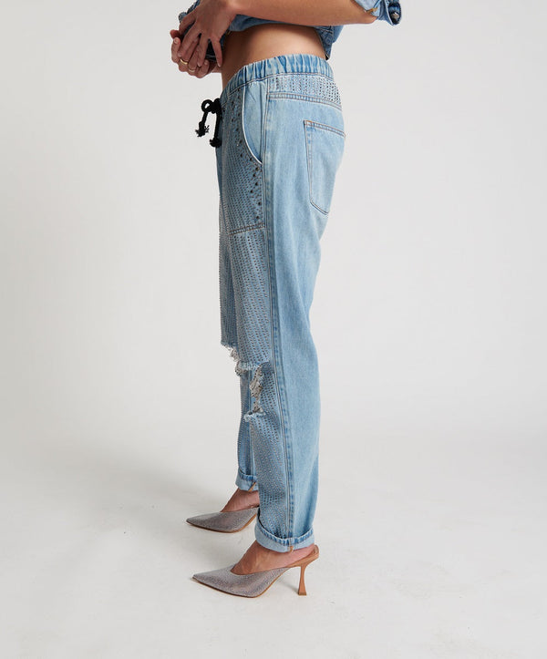 One Teaspoon Shabbies Low Waist Drawstring Boyfriend Denim Jeans - Vintage Blue