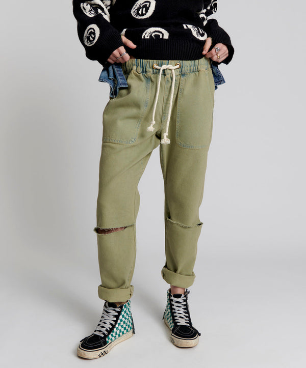 One Teaspoon Shabbies Low Waist Drawstring Boyfriend Denim Jeans - Khaki Haze