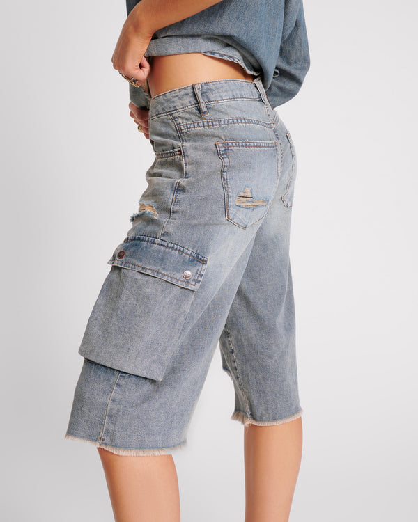 One Teaspoon Skater Girl Low Waist Super Long Leg Shorts - Dirty Blue