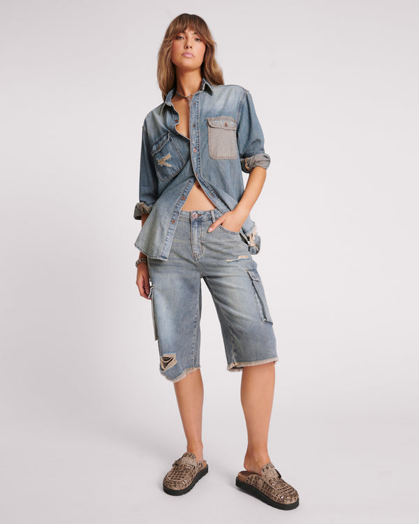 one teaspoon Skater Girl Low Waist Super Long Leg Shorts - Dirty Blue