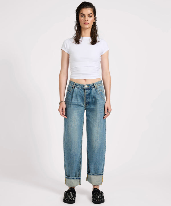 One Teaspoon Smiths Low Waist Wide Leg Tailored Denim Jeans - Used Blue