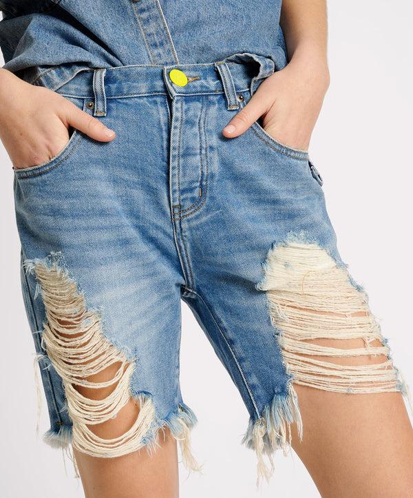 One Teaspoon Stevies High Waist Long Length Boyfriend Denim Shorts - Blue Rapture