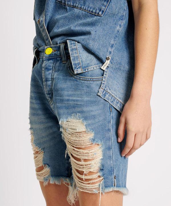 One Teaspoon Stevies High Waist Long Length Boyfriend Denim Shorts - Blue Rapture