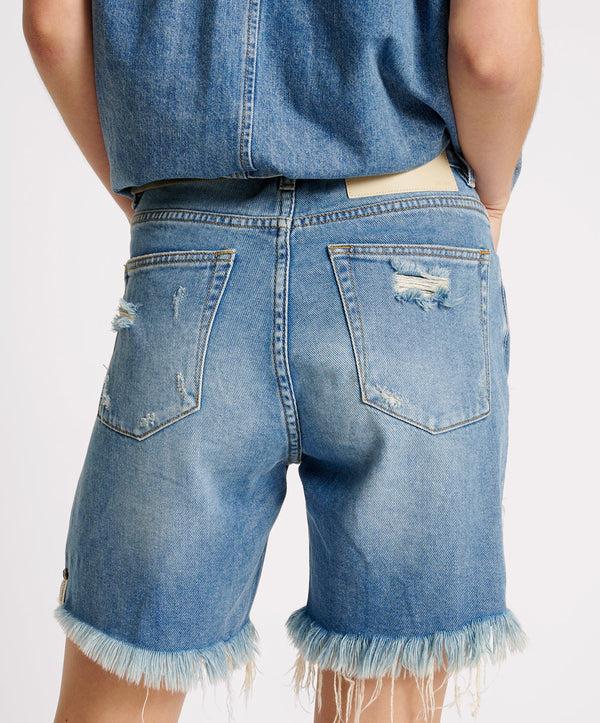 One Teaspoon Stevies High Waist Long Length Boyfriend Denim Shorts - Blue Rapture