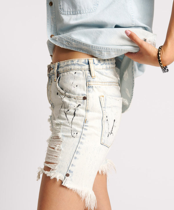 One Teaspoon Stevies Low Waist Waist Long Length Boyfriend Denim Shorts - Florence Painted