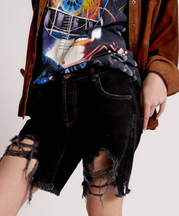 One Teaspoon Stevies Low Waist Waist Long Length Boyfriend Denim Shorts - Worn Black