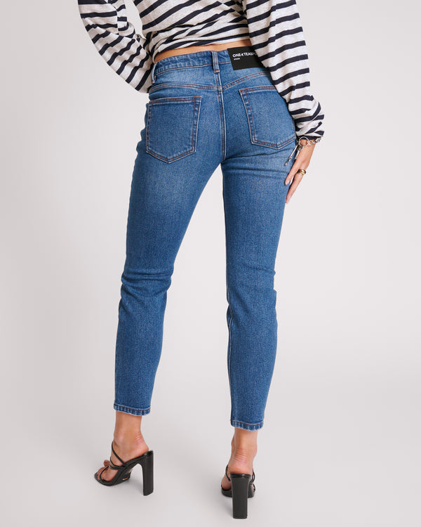 One Teaspoon Stixx Low Waist Slim Straight Leg Denim Jeans - Washed Blue