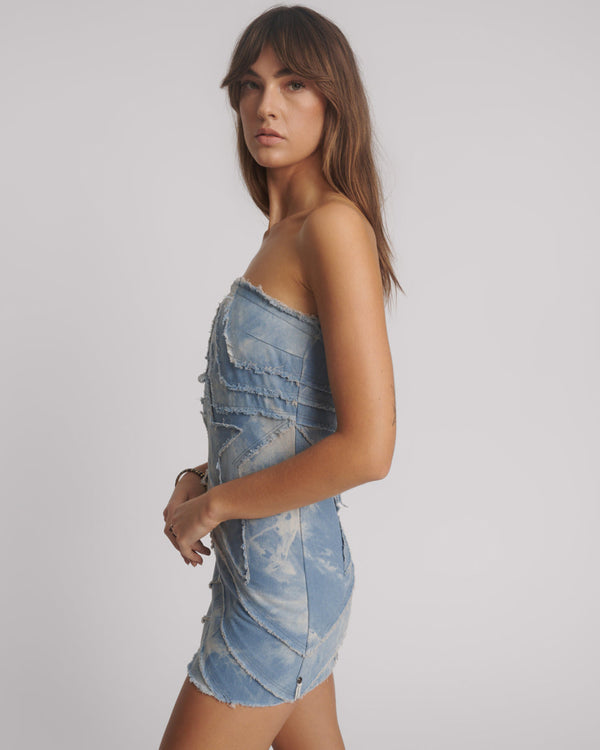 One Teaspoon Strapless Tube Star Denim Mini Dress - Blue Halo