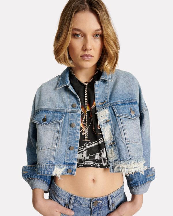 One Teaspoon Studded Cropped Denim Jacket - Faded Blue