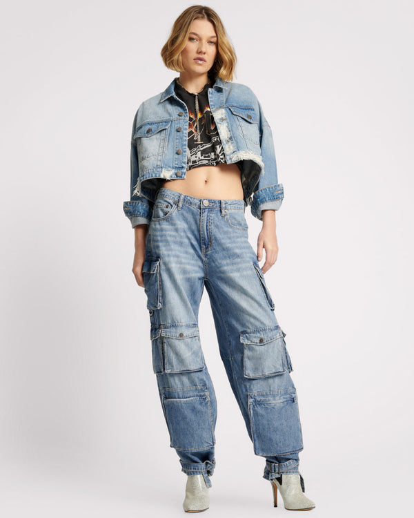 One Teaspoon Studded Cropped Denim Jacket - Faded Blue