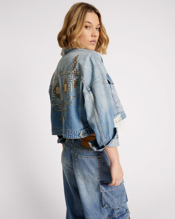 one teaspoon Studded Cropped Denim Jacket - Faded Blue
