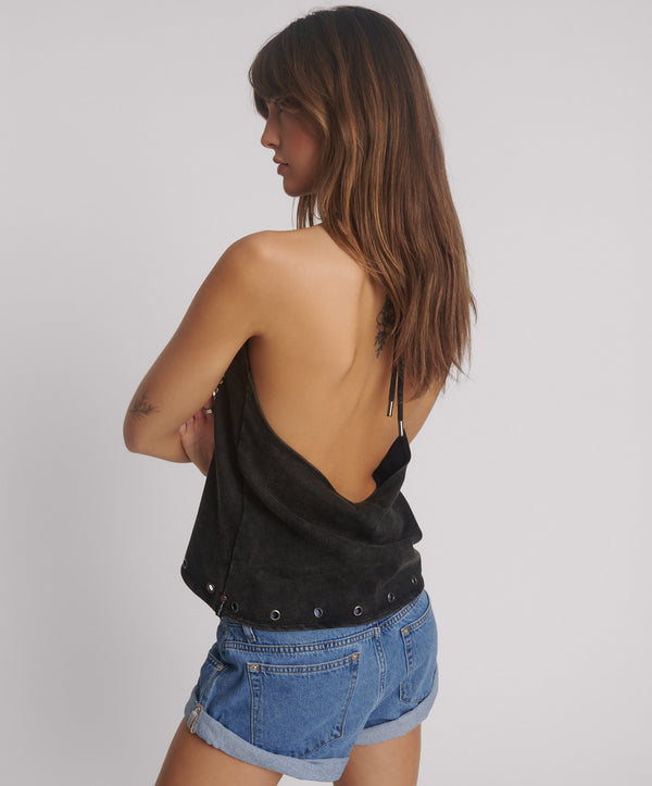 One Teaspoon Studded Eagle Acid Wash Halter Top - Black Tobacco