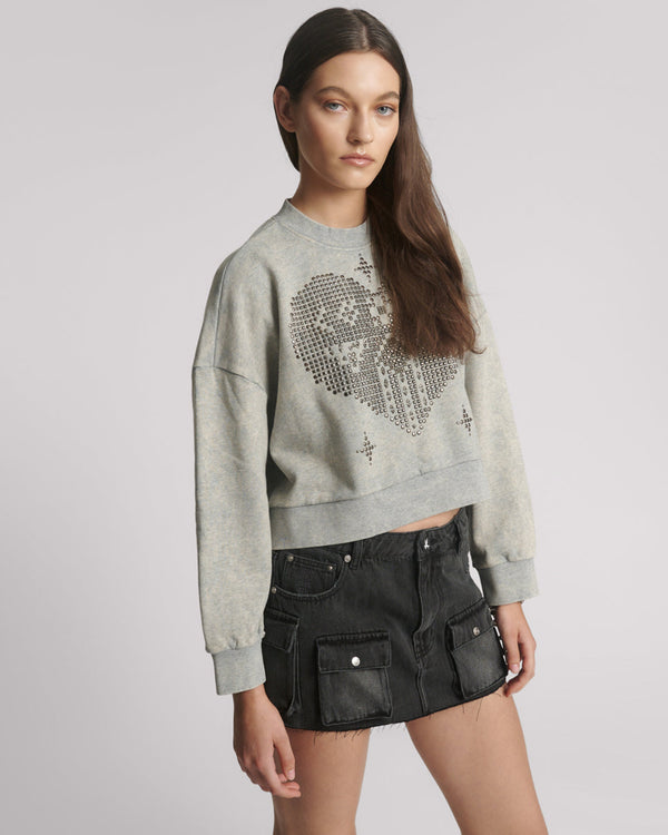 One Teaspoon Studded Heart Grey Cropped Sweater - Grey Marl