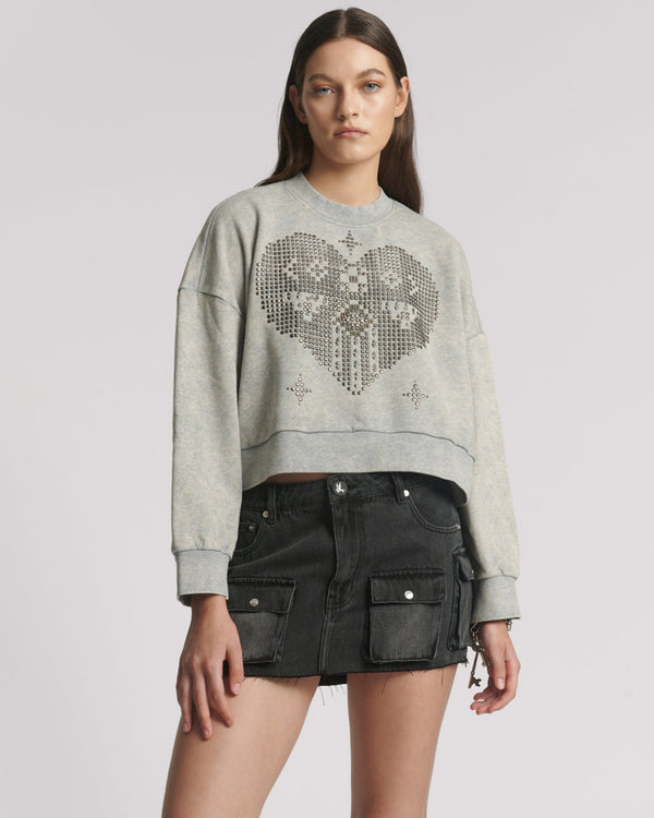one teaspoon Studded Heart Grey Cropped Sweater - Grey Marl