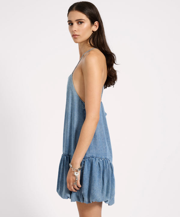 One Teaspoon Tencel Bubble Hem Mini Slip Dress - Washed Blue