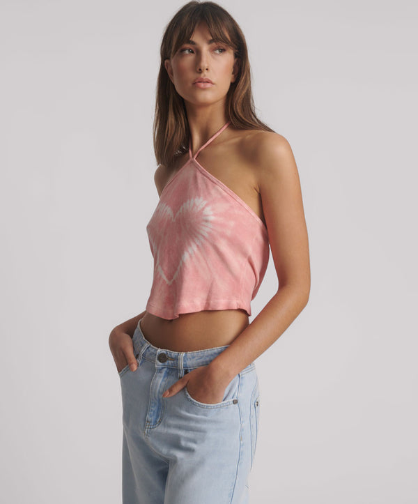 One Teaspoon Tie Dye Heart Cropped Halter Neck Top - Pink