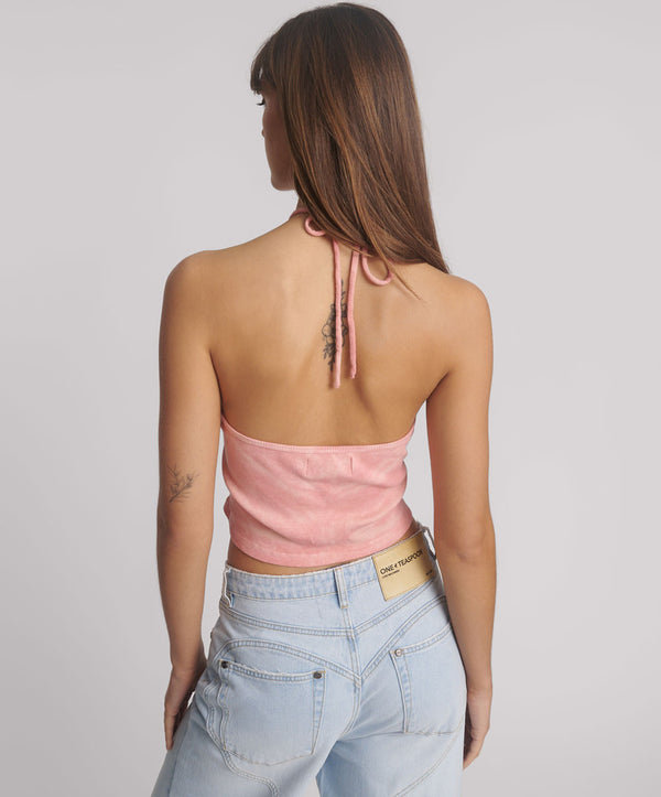 One Teaspoon Tie Dye Heart Cropped Halter Neck Top - Pink