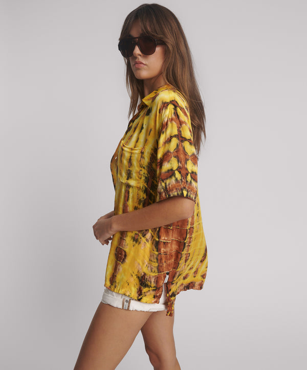 One Teaspoon Tropical Satin Hand Printed Short Sleeve Shirt - Yellow