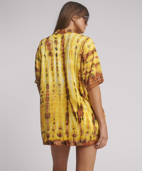 One Teaspoon Tropical Satin Hand Printed Short Sleeve Shirt - Yellow