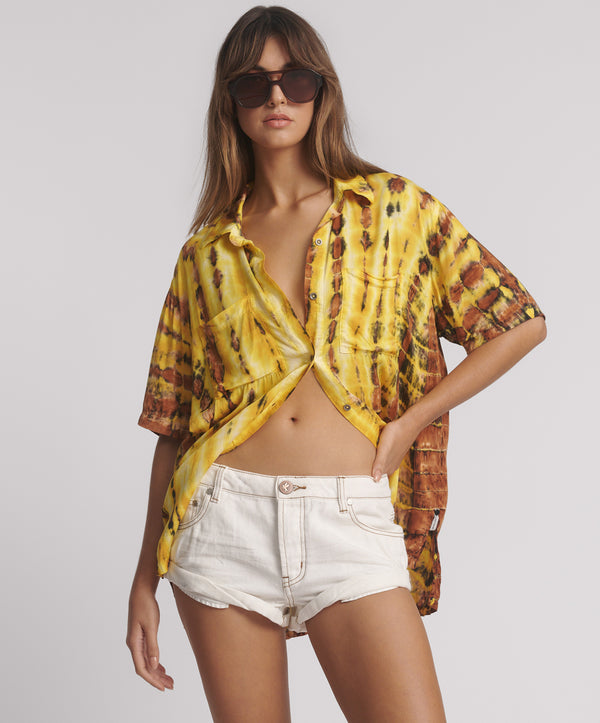 one teaspoon Tropical Satin Hand Printed Short Sleeve Shirt - Yellow