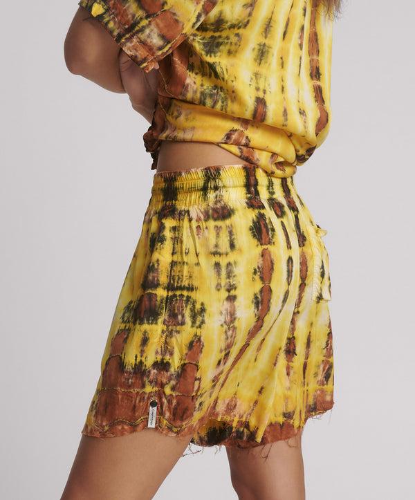 One Teaspoon Tropical Satin Hand Printed Shorts - Yellow
