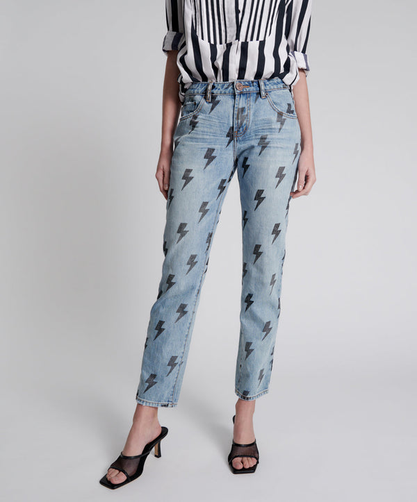 One Teaspoon Trucker Low Waist Straight Leg Denim Jeans - Blue Lightning
