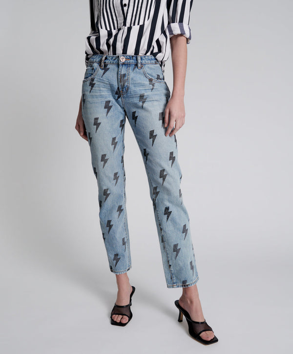 One Teaspoon Trucker Low Waist Straight Leg Denim Jeans - Blue Lightning