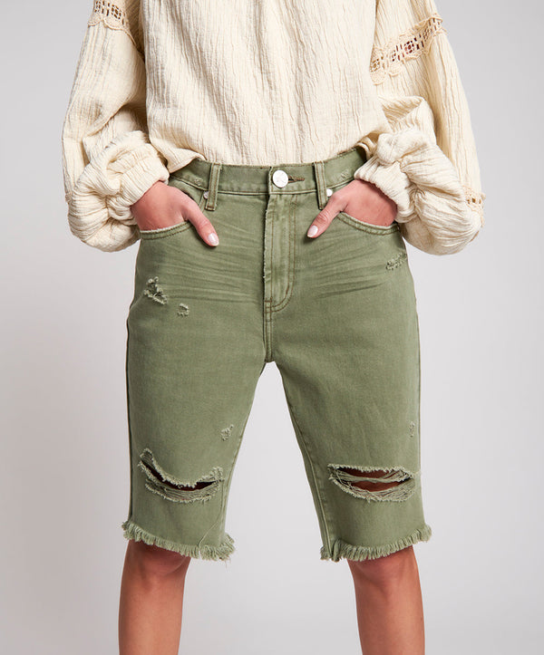 One Teaspoon Truckers Mid Waist Long-Length Relaxed Denim Shorts - Super Khaki