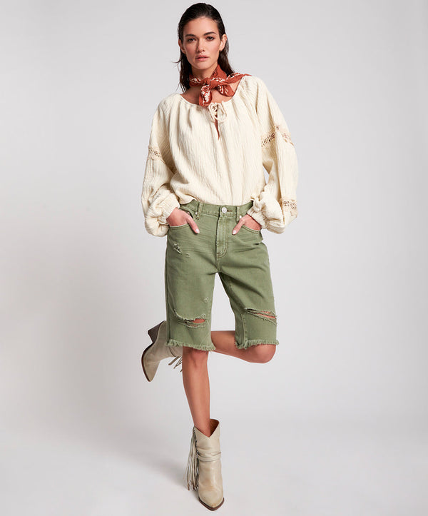 one teaspoon Truckers Mid Waist Long-Length Relaxed Denim Shorts - Super Khaki