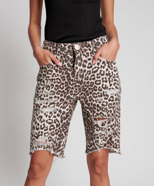 One Teaspoon Truckers Mid Waist Long-Length Relaxed Denim Shorts - Animal