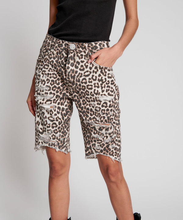 One Teaspoon Truckers Mid Waist Long-Length Relaxed Denim Shorts - Animal