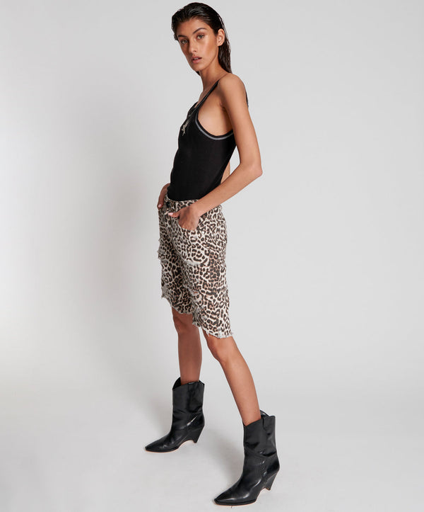 one teaspoon Truckers Mid Waist Long-Length Relaxed Denim Shorts - Animal