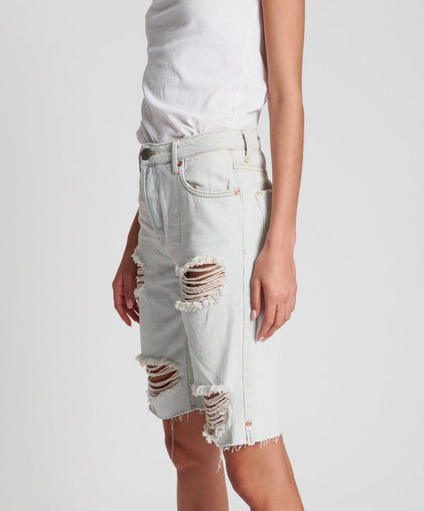 One Teaspoon Truckers Mid Waist Long-Length Relaxed Denim Shorts - Brando Blue