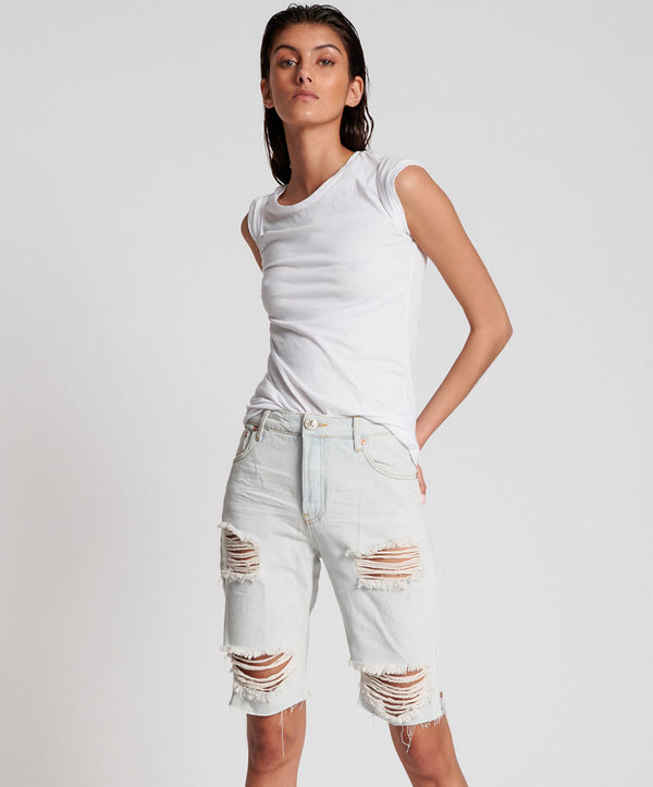 one teaspoon Truckers Mid Waist Long-Length Relaxed Denim Shorts - Brando Blue