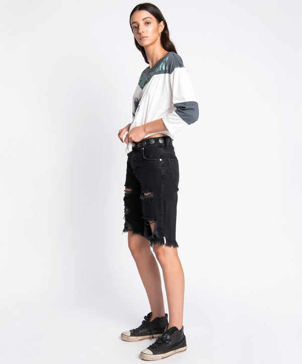 one teaspoon Truckers Mid Waist Long-Length Relaxed Denim Shorts - Black