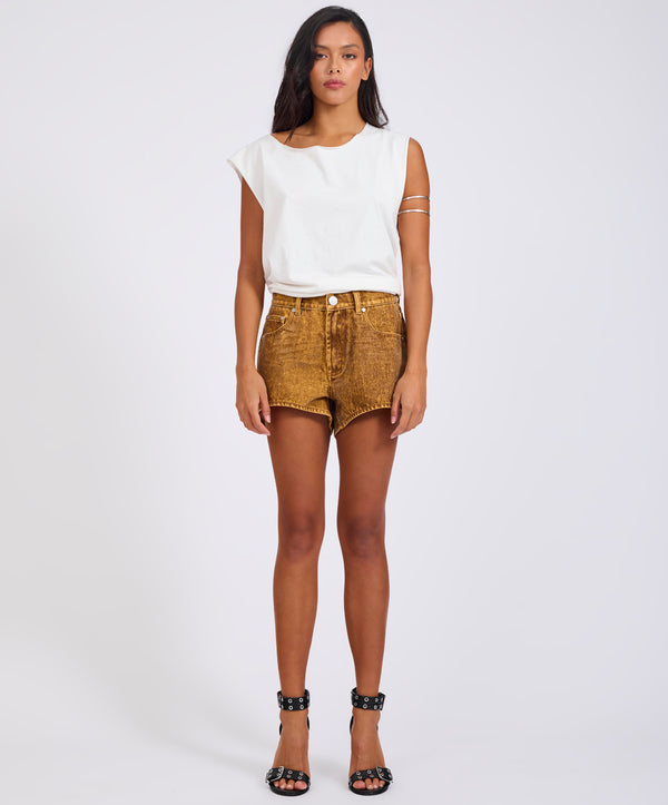 one Teaspoon Truckers Mid Waist Relaxed Flocked Denim Shorts - Burnt Tobacco