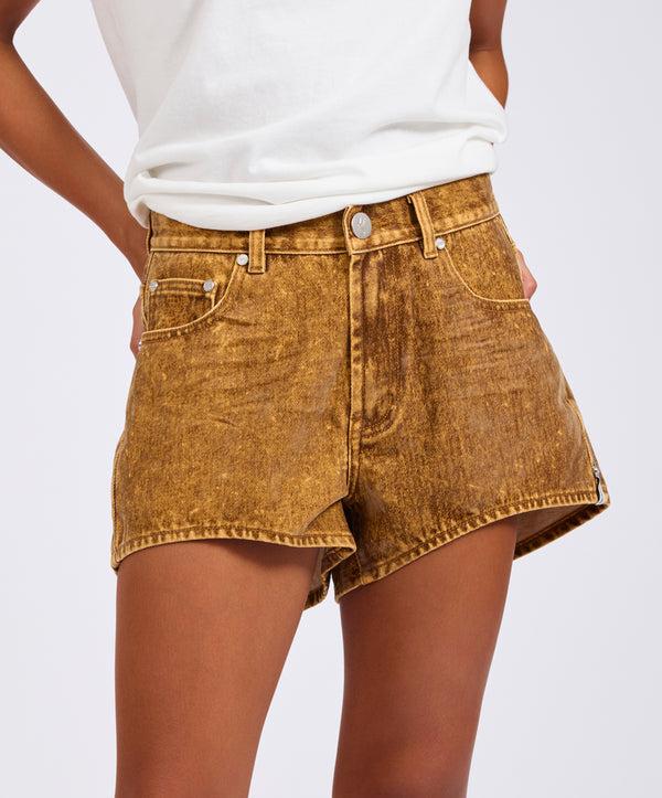 one Teaspoon Truckers Mid Waist Relaxed Flocked Denim Shorts - Burnt Tobacco