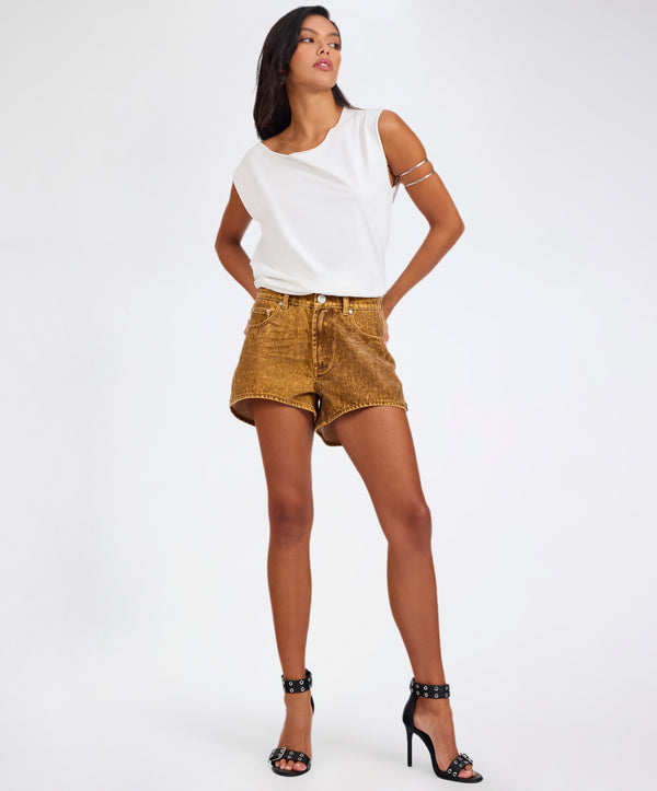 one teaspoon Truckers Mid Waist Relaxed Flocked Denim Shorts - Burnt Tobacco